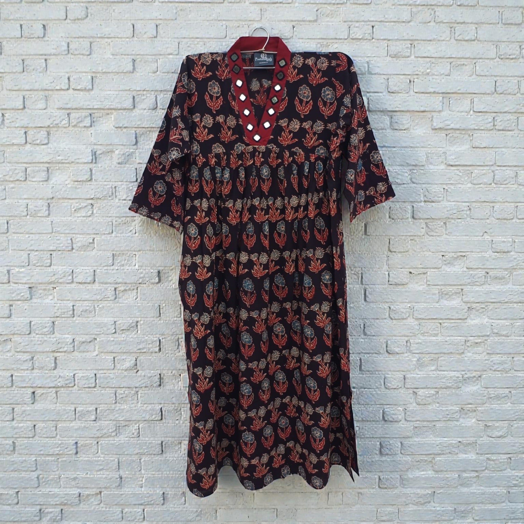 Black Grey Floral Alia Cut Cotton Kurta