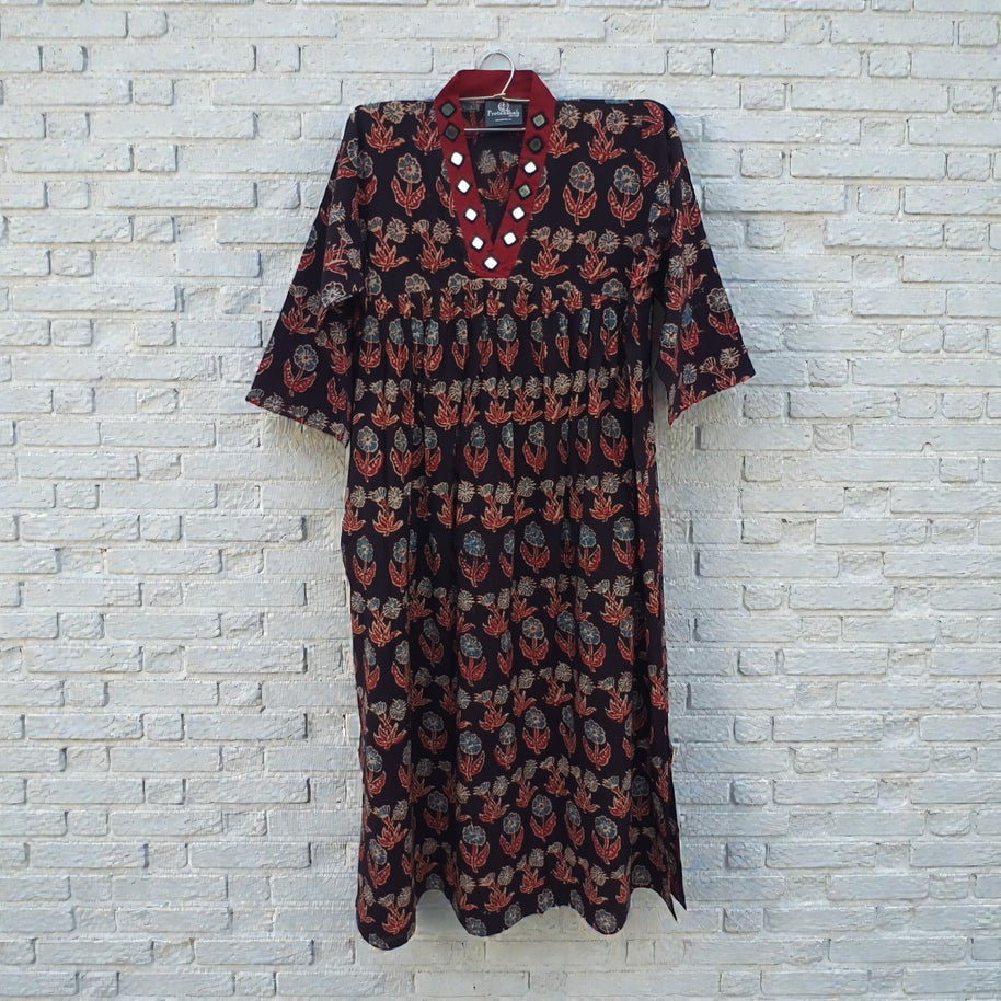 Black Grey Floral Alia Cut Cotton Kurta