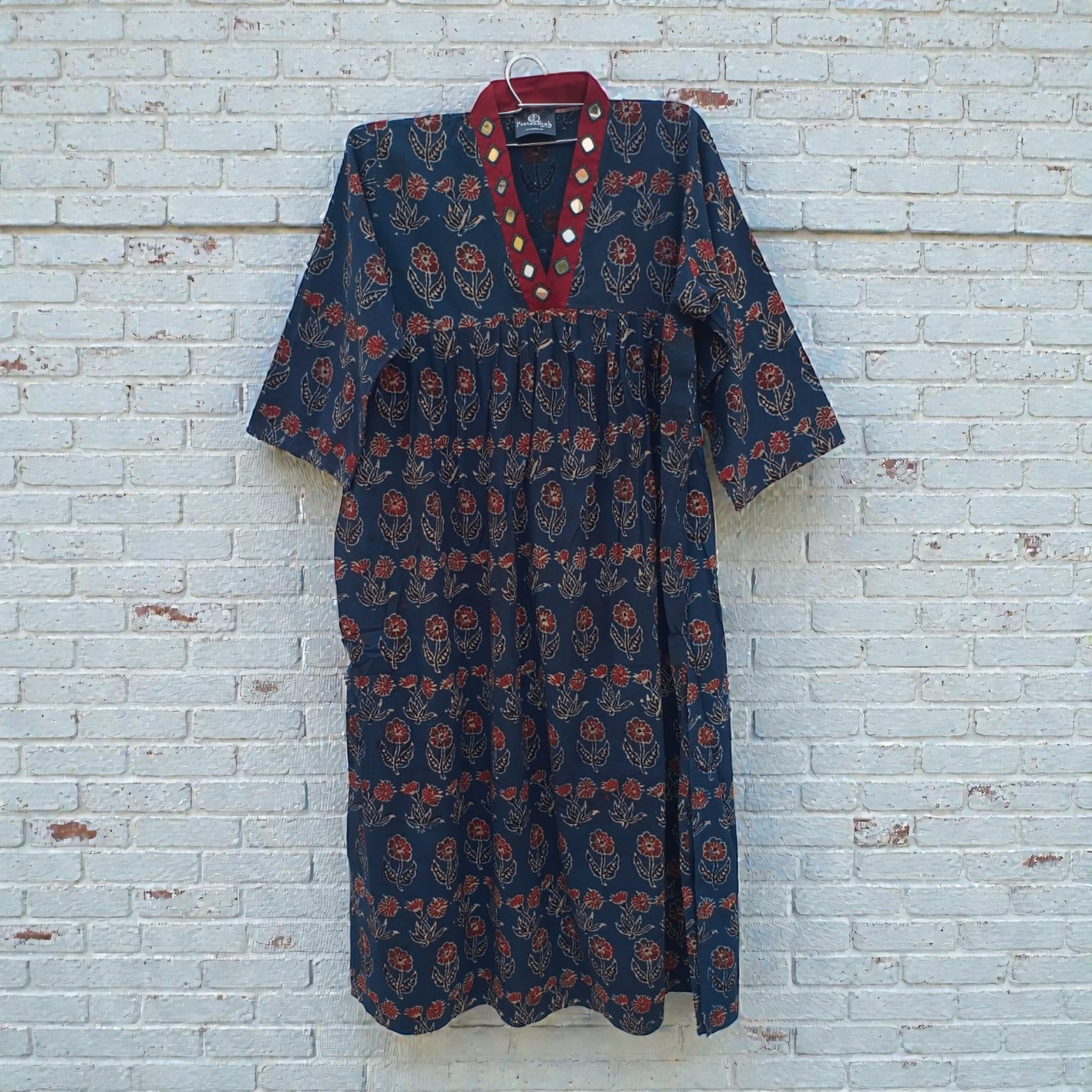 Blue Floral Alia Cut  Cotton Kurta