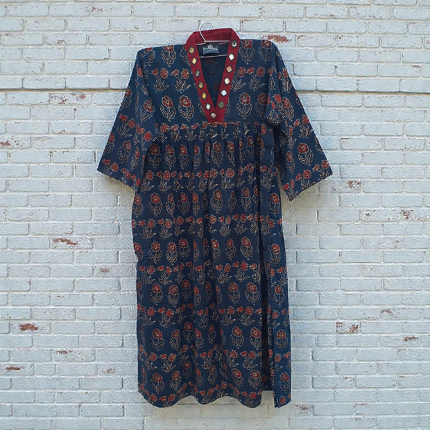 Blue Floral Alia Cut  Cotton Kurta