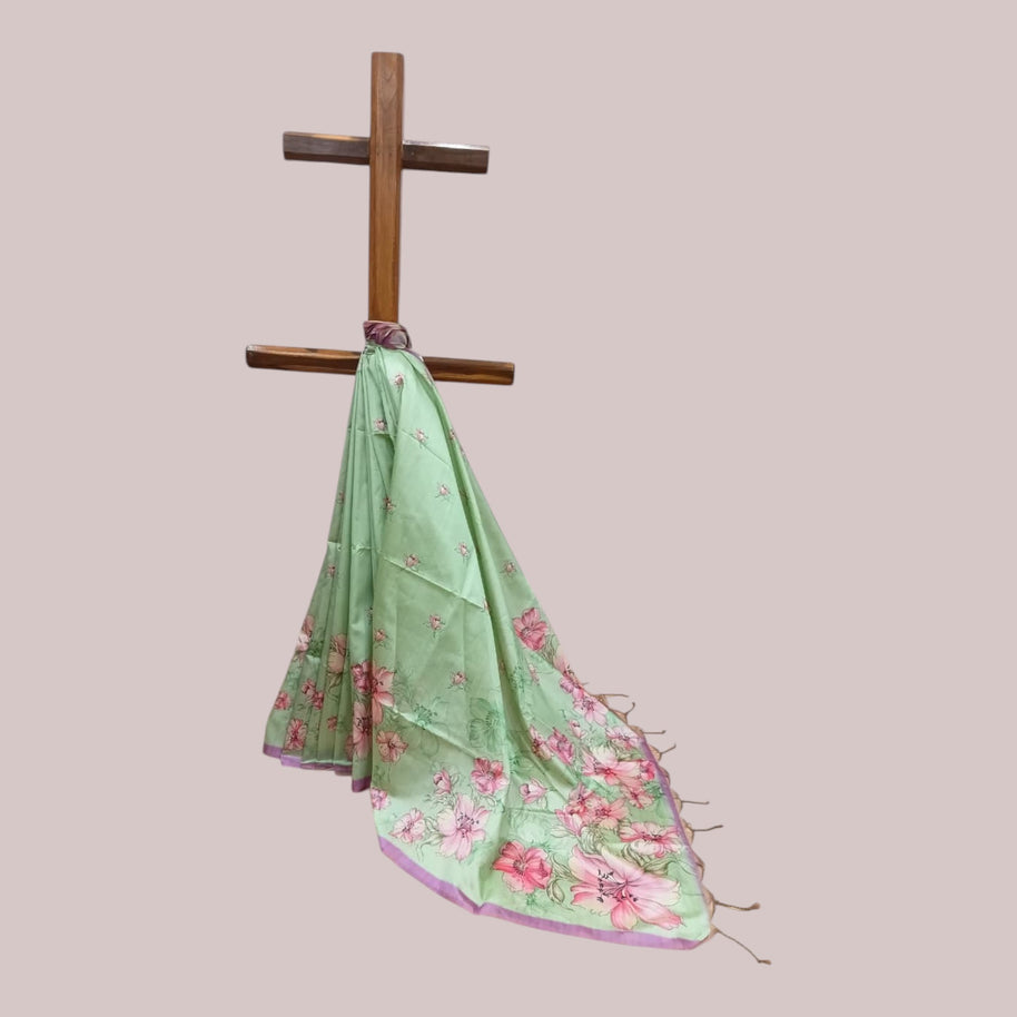 Green Tussar Floral Silk Saree