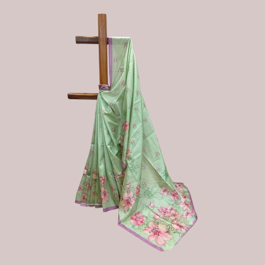 Green Tussar Floral Silk Saree