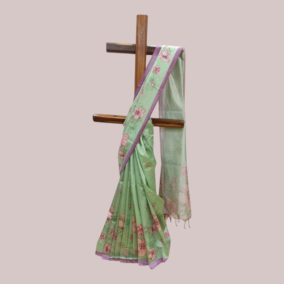 Green Tussar Floral Silk Saree