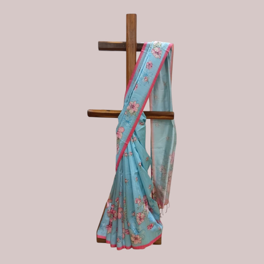 Blue Tussar Floral Silk Saree