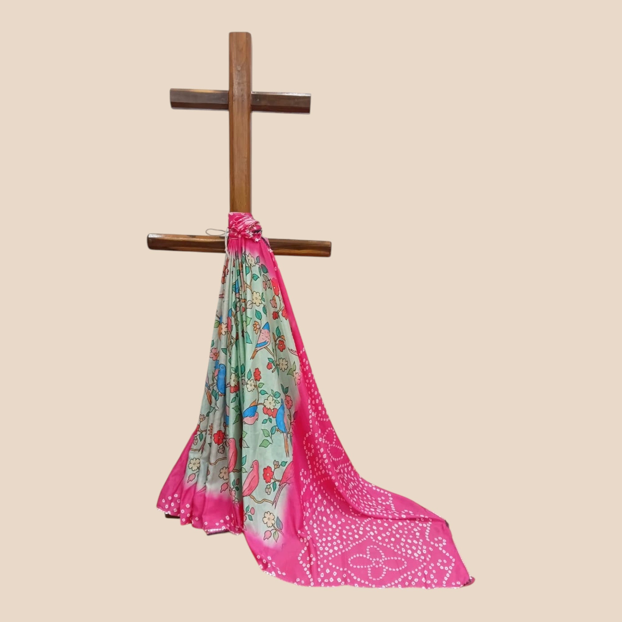 Green Kalmakari Bandhani Makhmali Silk Saree