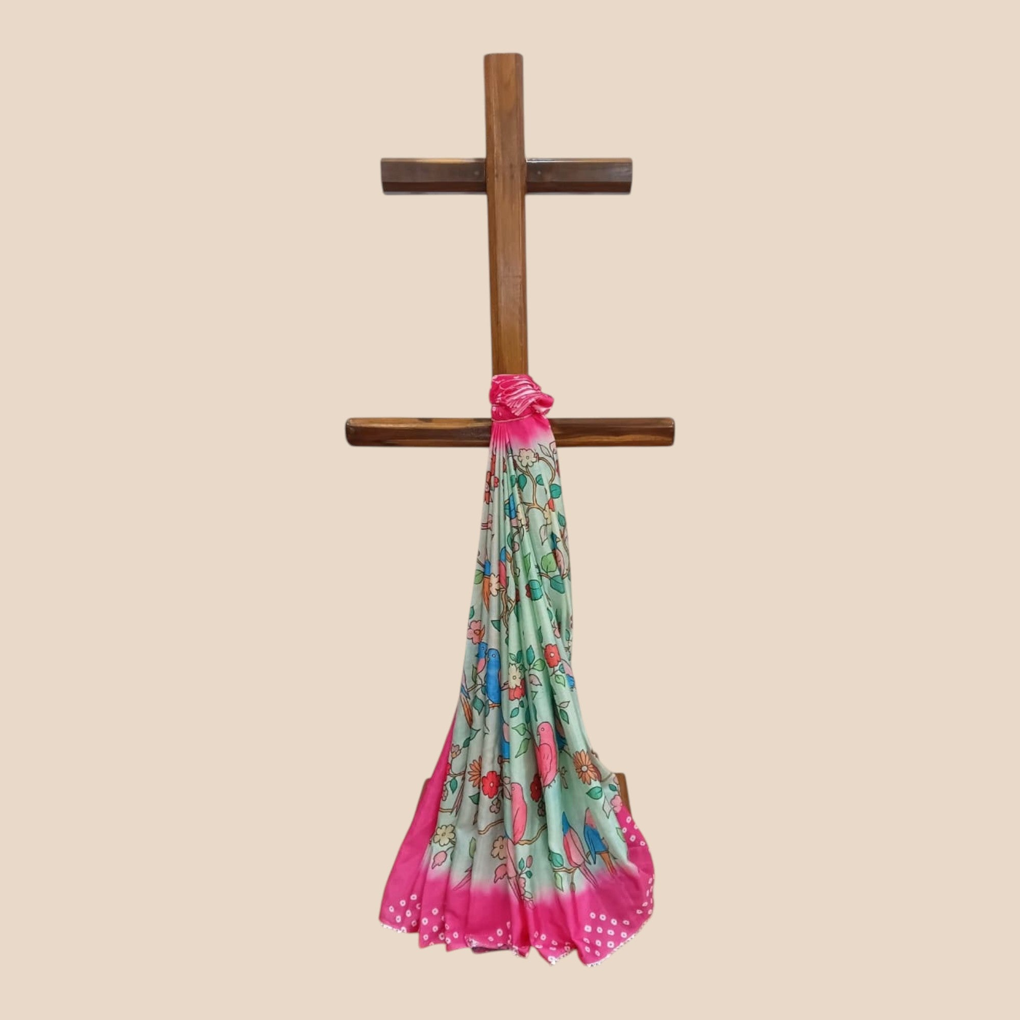 Green Kalmakari Bandhani Makhmali Silk Saree