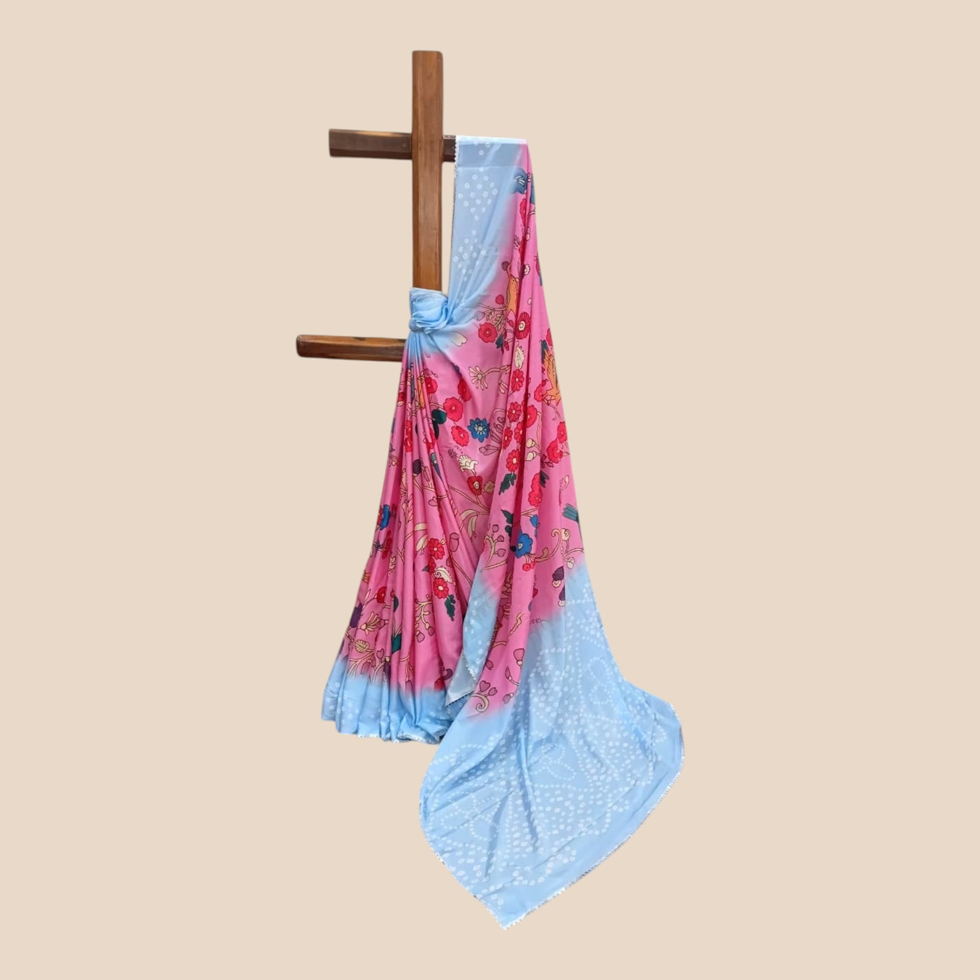 Pink Kalmakari Bandhani Makhmali Silk Saree