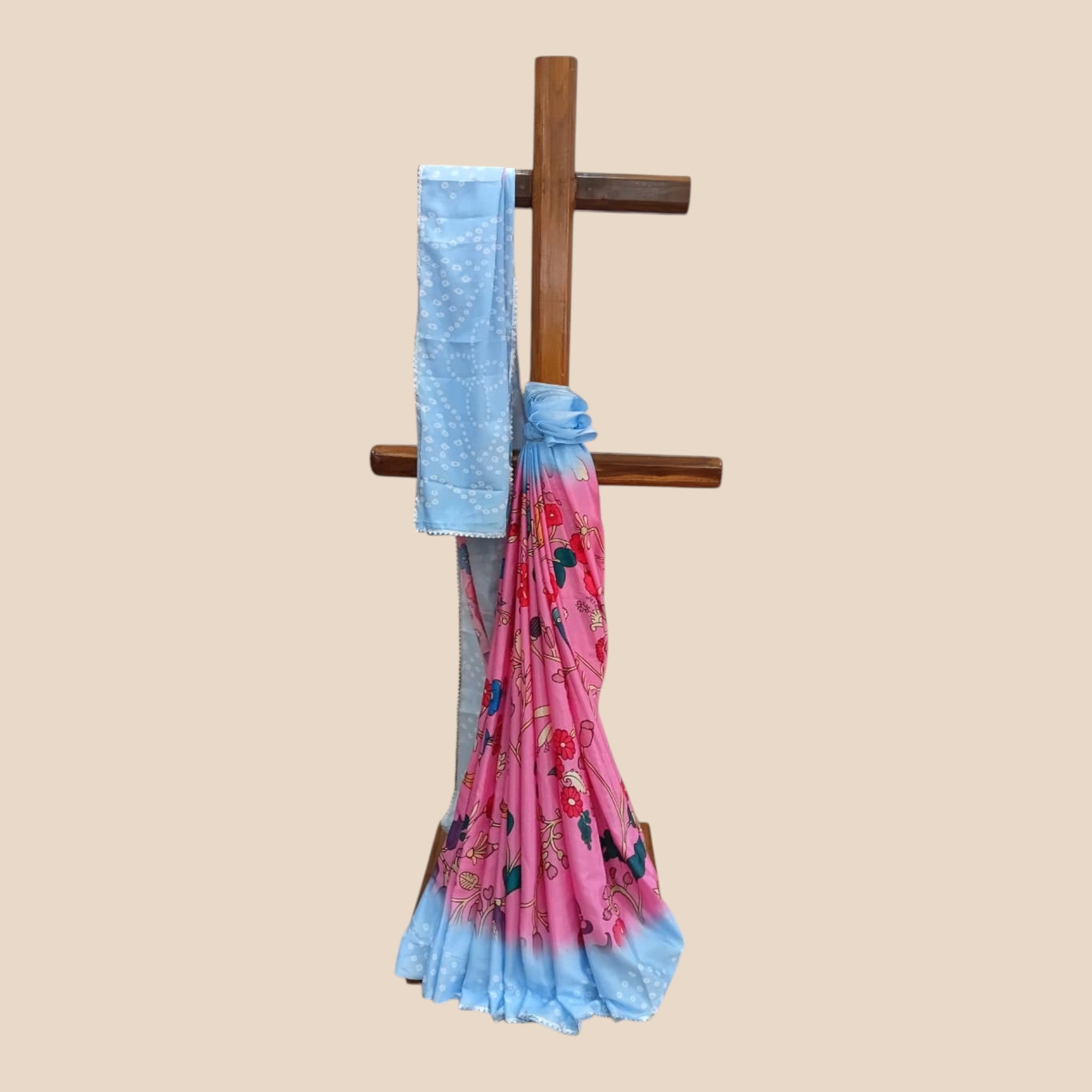 Pink Kalmakari Bandhani Makhmali Silk Saree