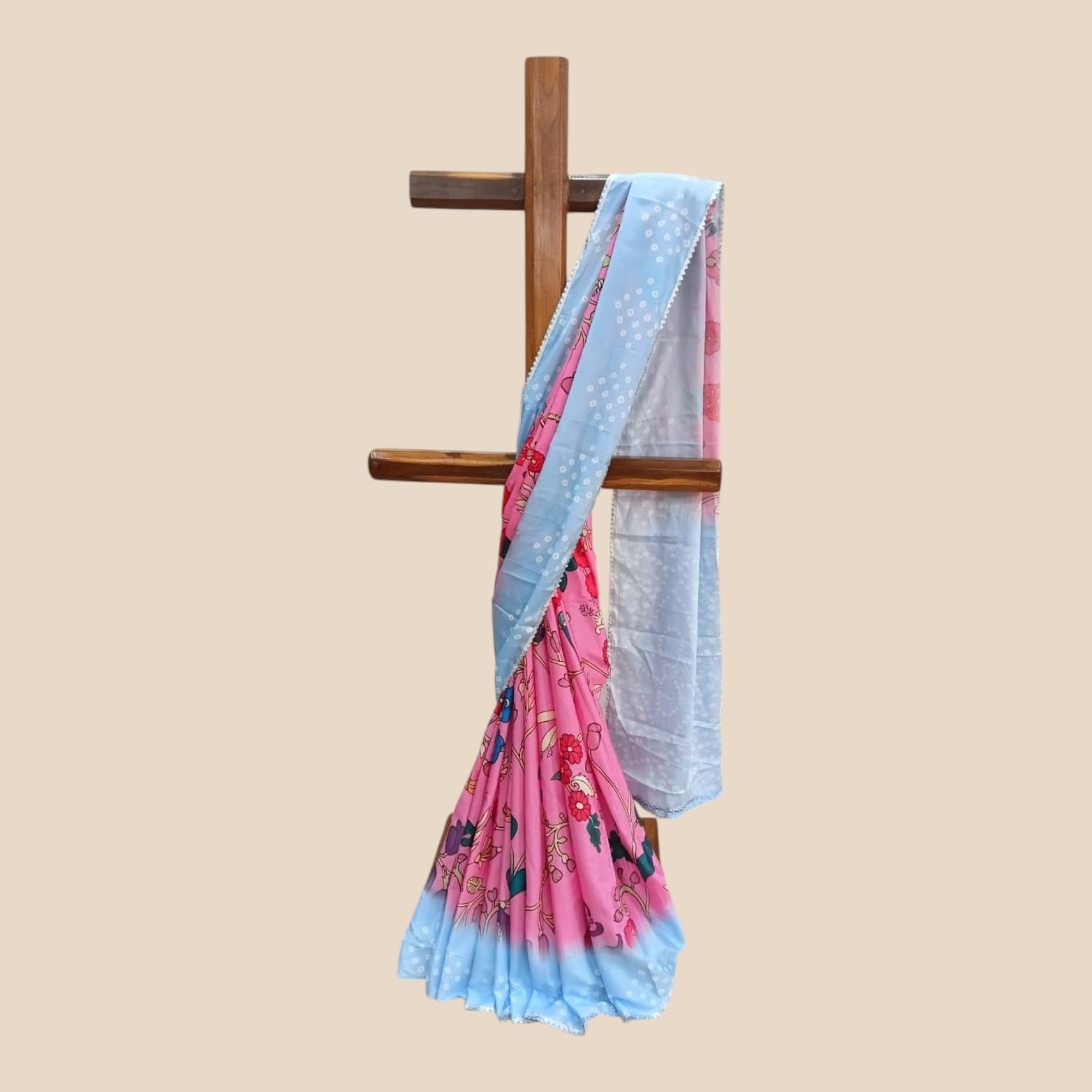 Pink Kalmakari Bandhani Makhmali Silk Saree