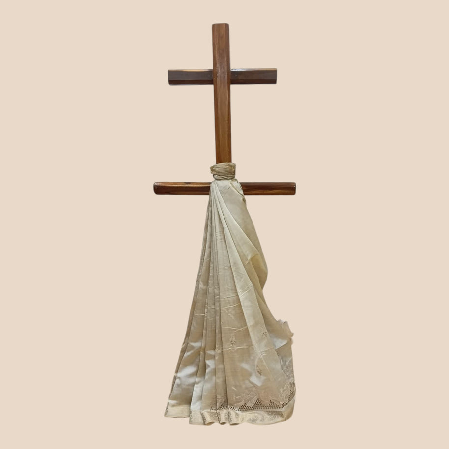 Light Brown Tussar Cutwork Silk Saree