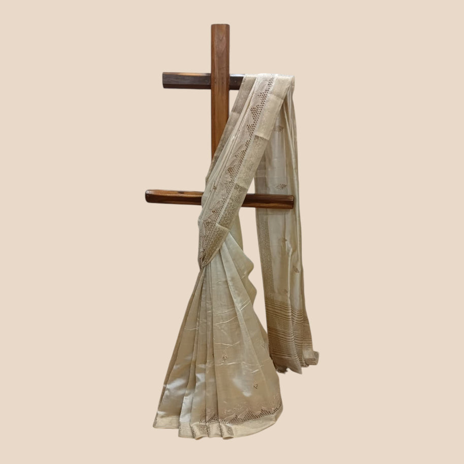 Light Brown Tussar Cutwork Silk Saree