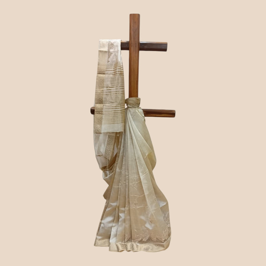 Light Brown Tussar Cutwork Silk Saree