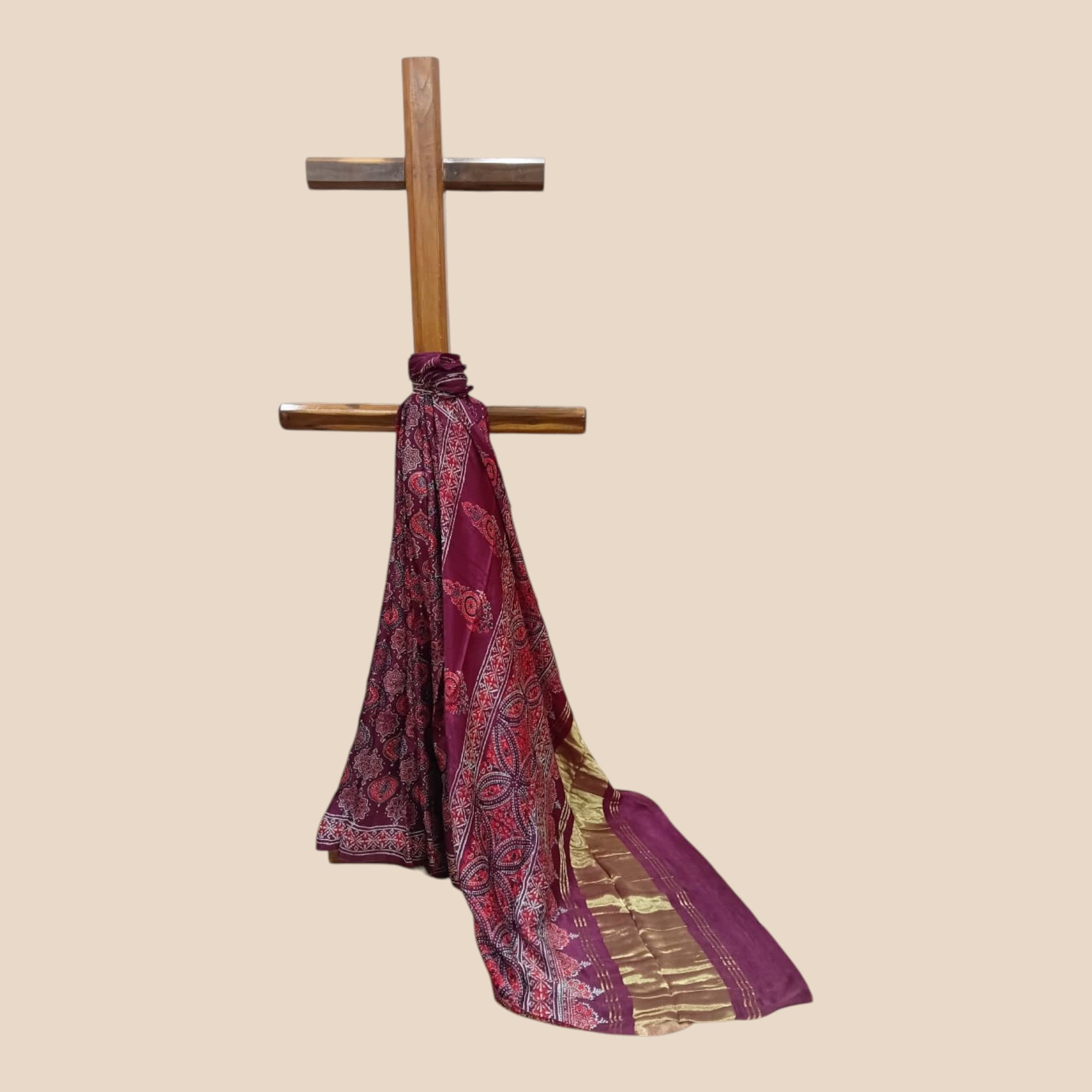 Maroon Red Ajrakh Modal Silk Saree