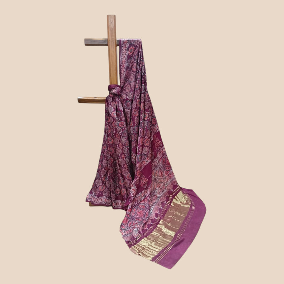 Maroon Red Ajrakh Modal Silk Saree