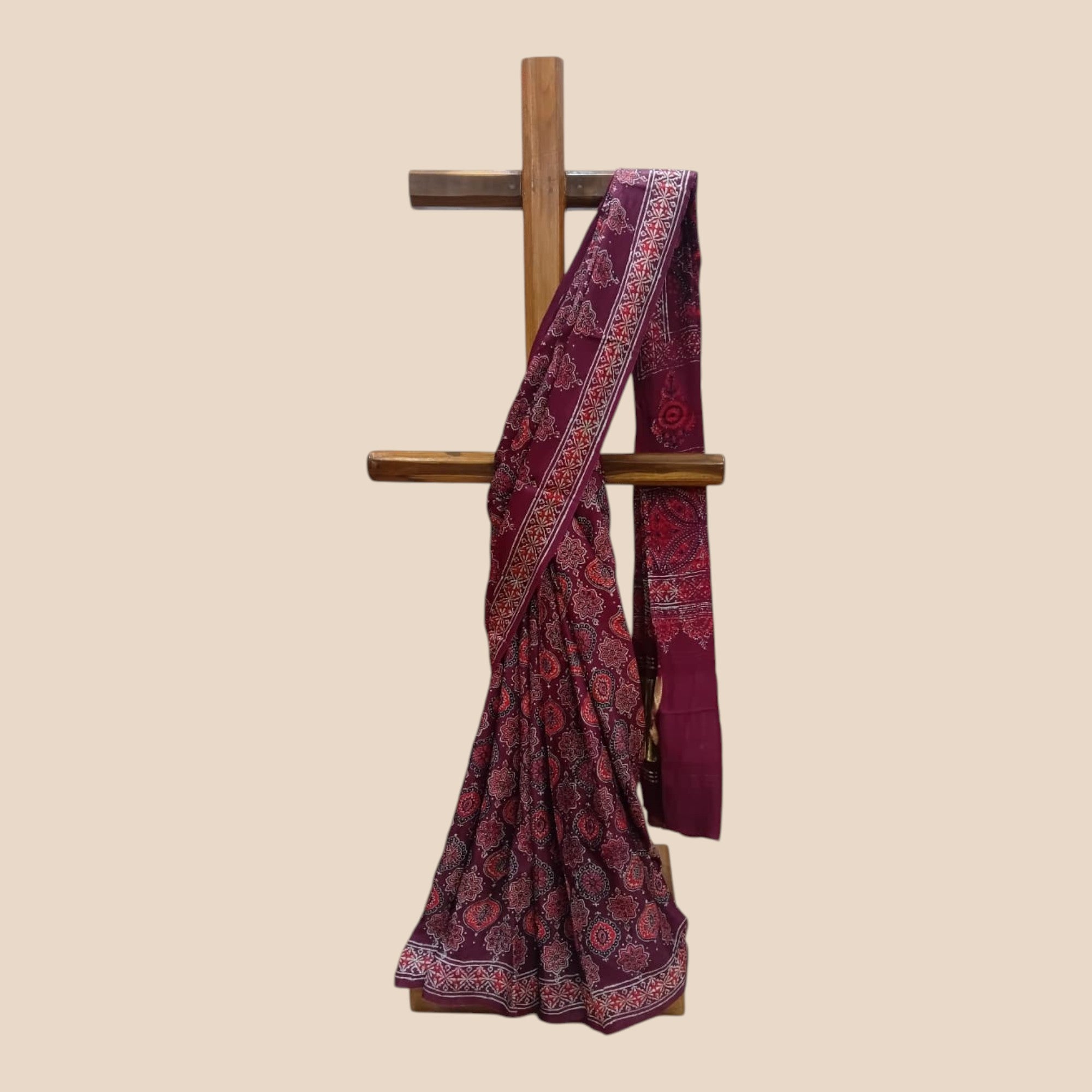 Maroon Red Ajrakh Modal Silk Saree