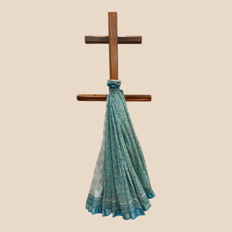 Light Teal Blue Maheswari Silk Saree