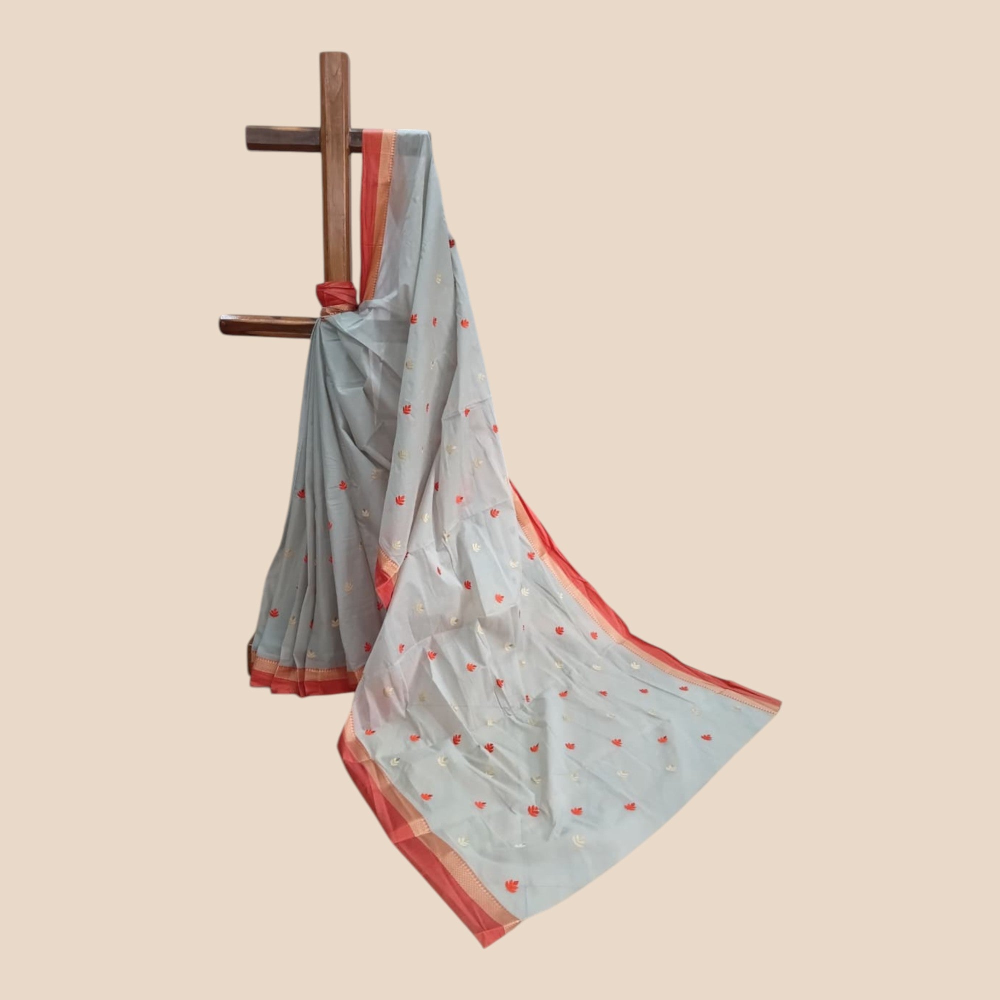 Grey Orange Floral Cotton Saree