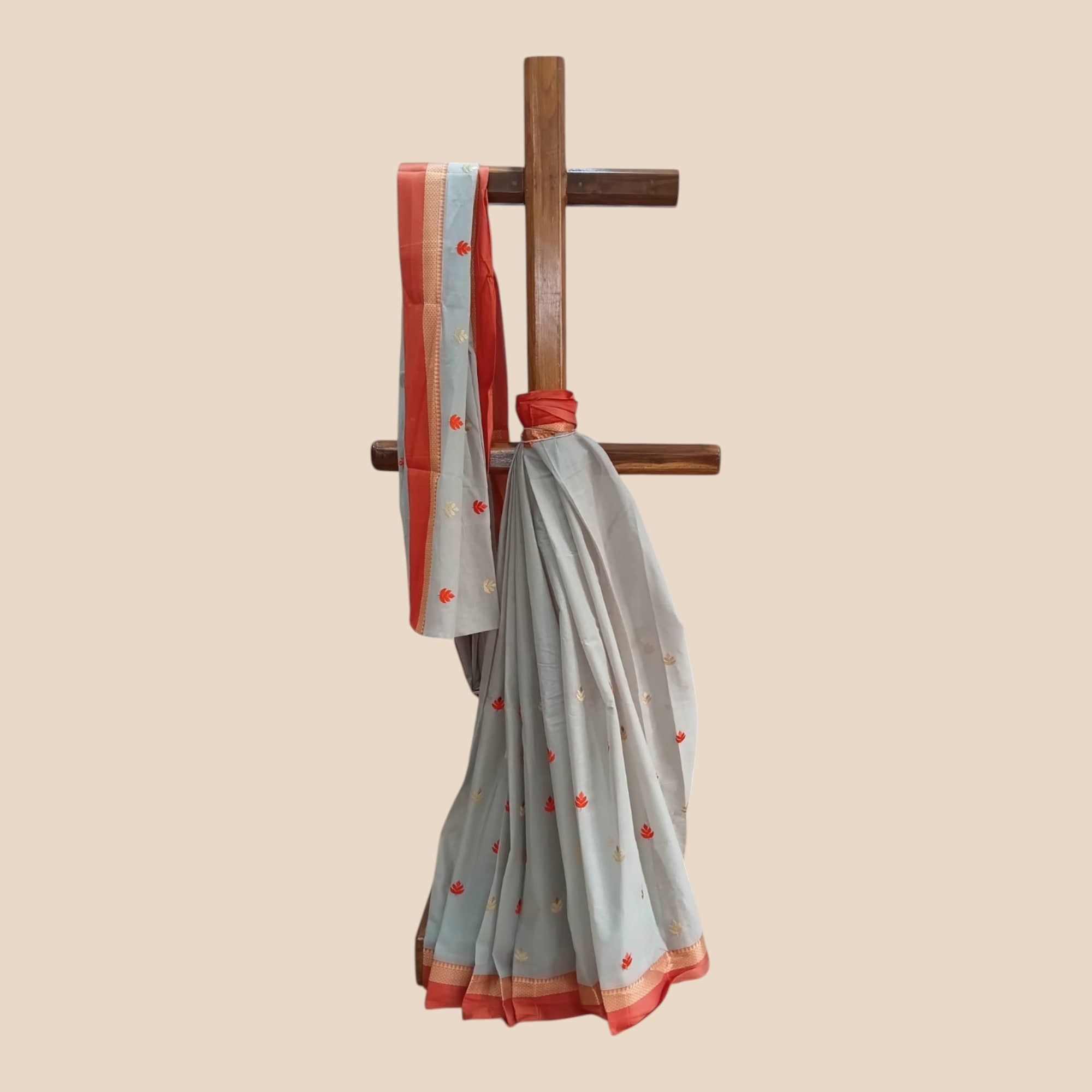 Grey Orange Floral Cotton Saree