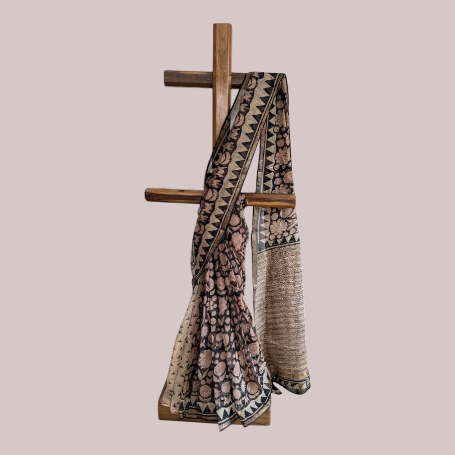 Black Floral Handblock Kota Cotton Saree