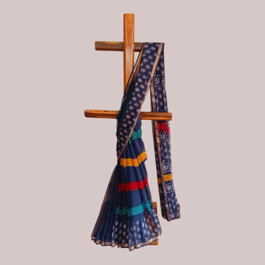 Blue Multi Stripe Kota Cotton Saree