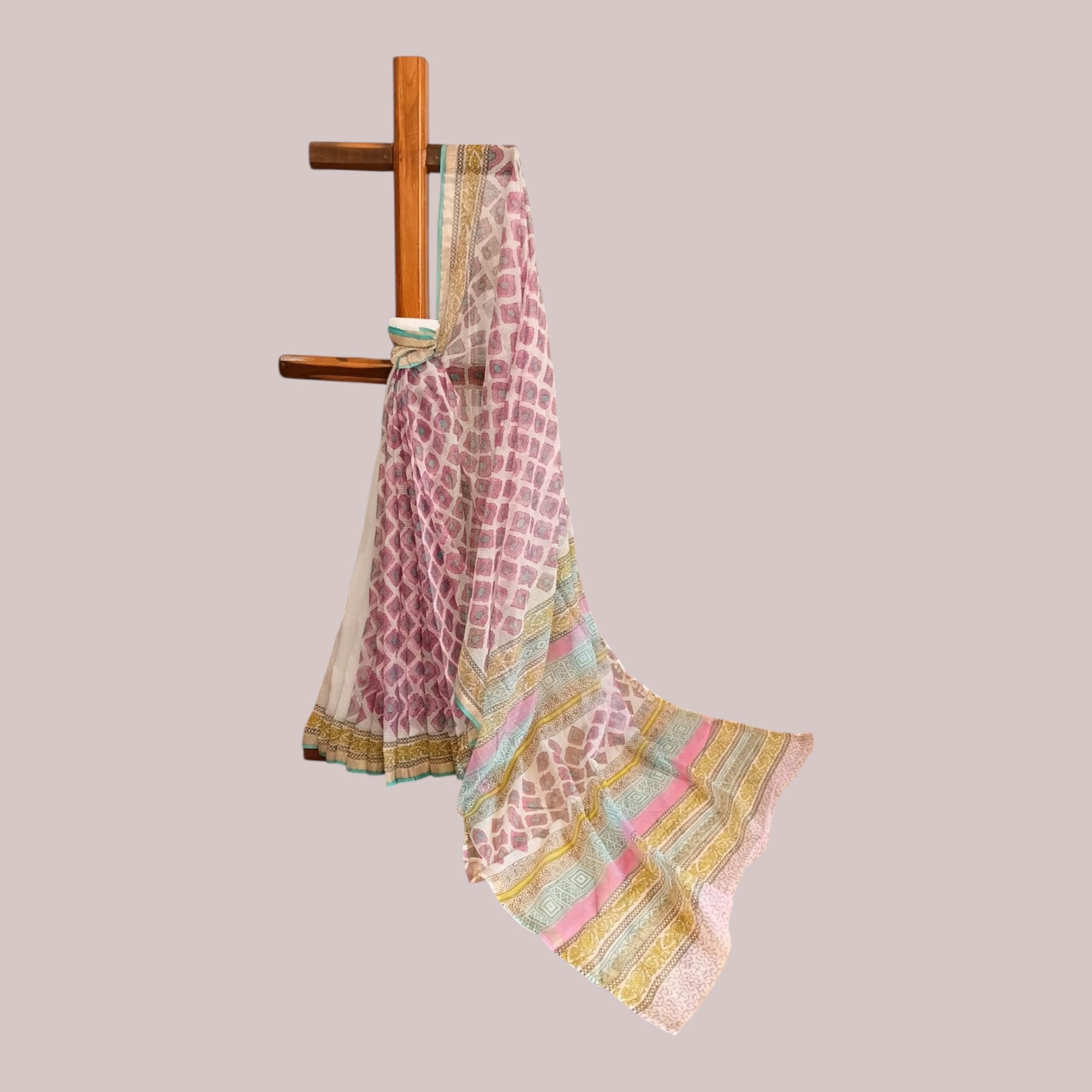 White Pink Floral Handblock Kota Cotton Saree