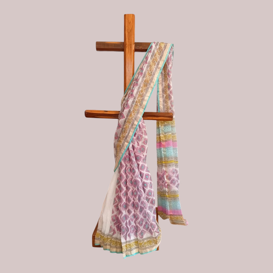 White Pink Floral Handblock Kota Cotton Saree
