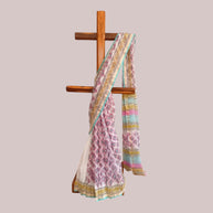 White Pink Floral Handblock Kota Cotton Saree