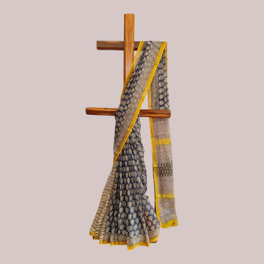 Dark Blue Lotus Handblock Kota Cotton Saree