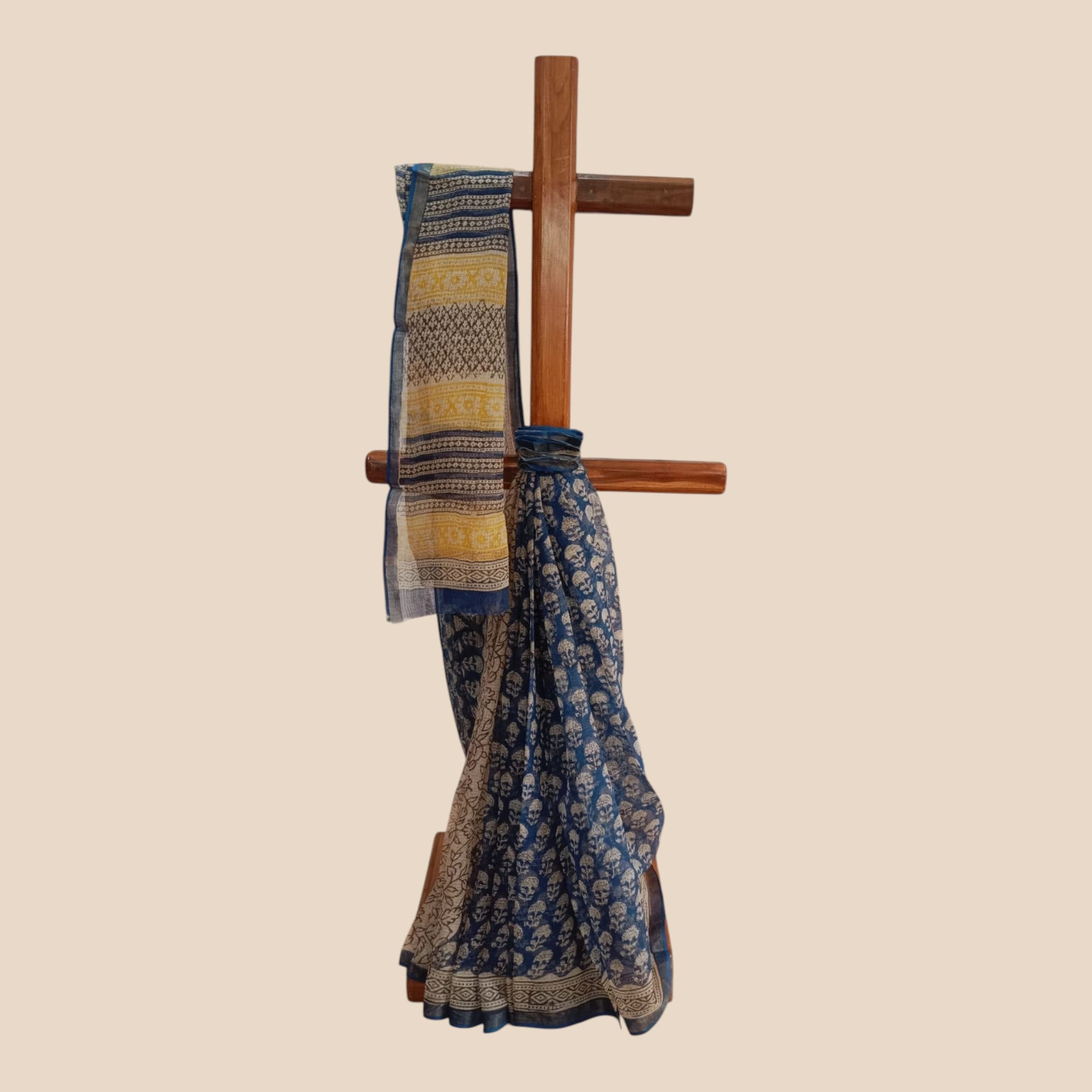 Blue Offwhite Handblock Kota Cotton Saree