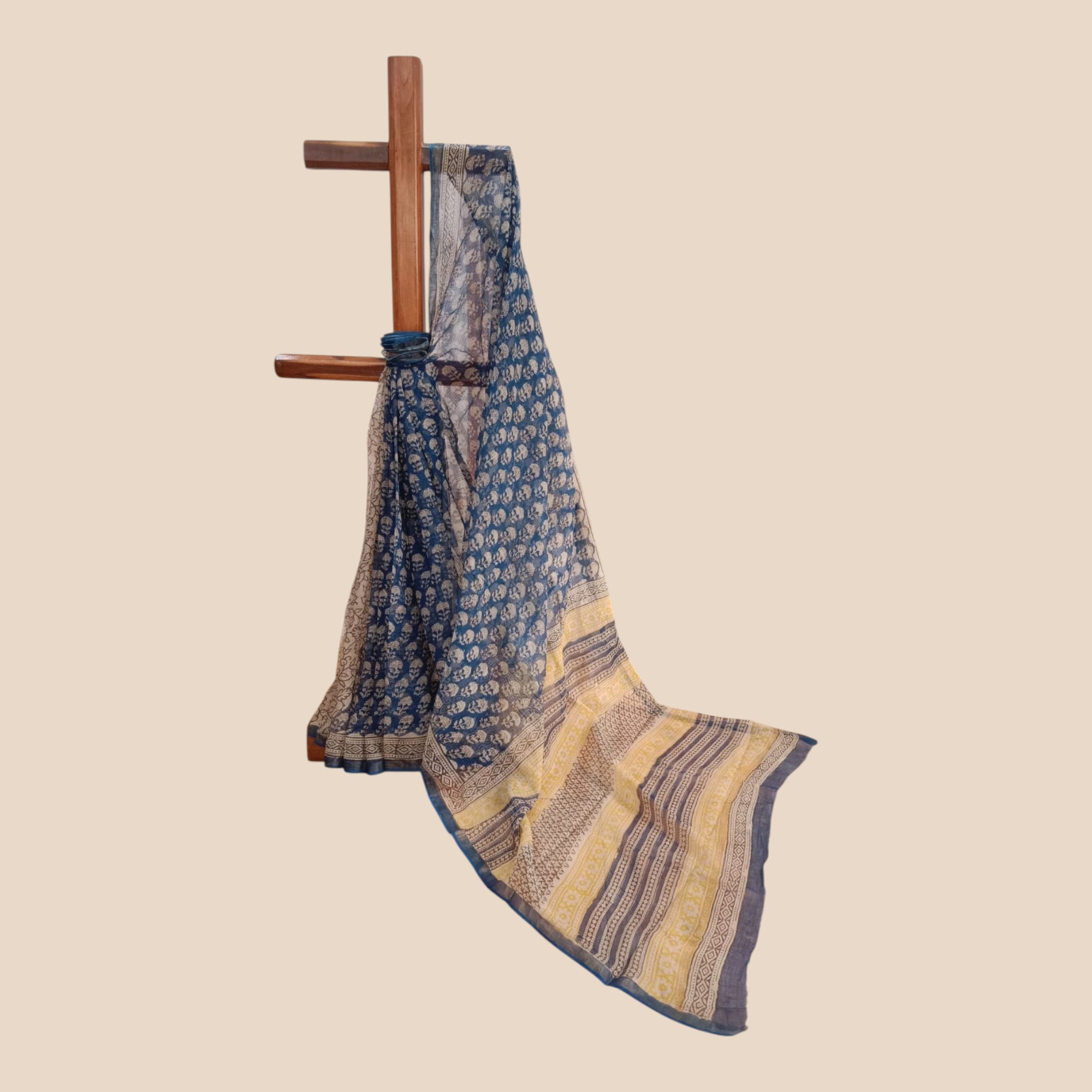 Blue Offwhite Handblock Kota Cotton Saree