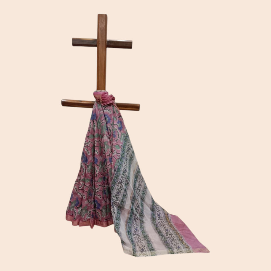 Pink Handblock Maheswari Silk Saree