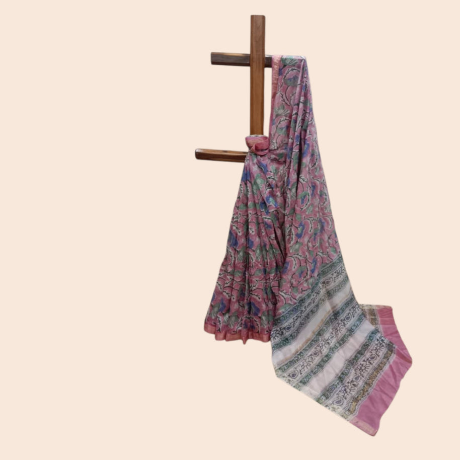 Pink Handblock Maheswari Silk Saree