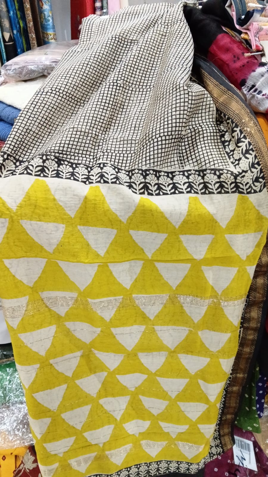 Beige Checkered Maheshwari Saree