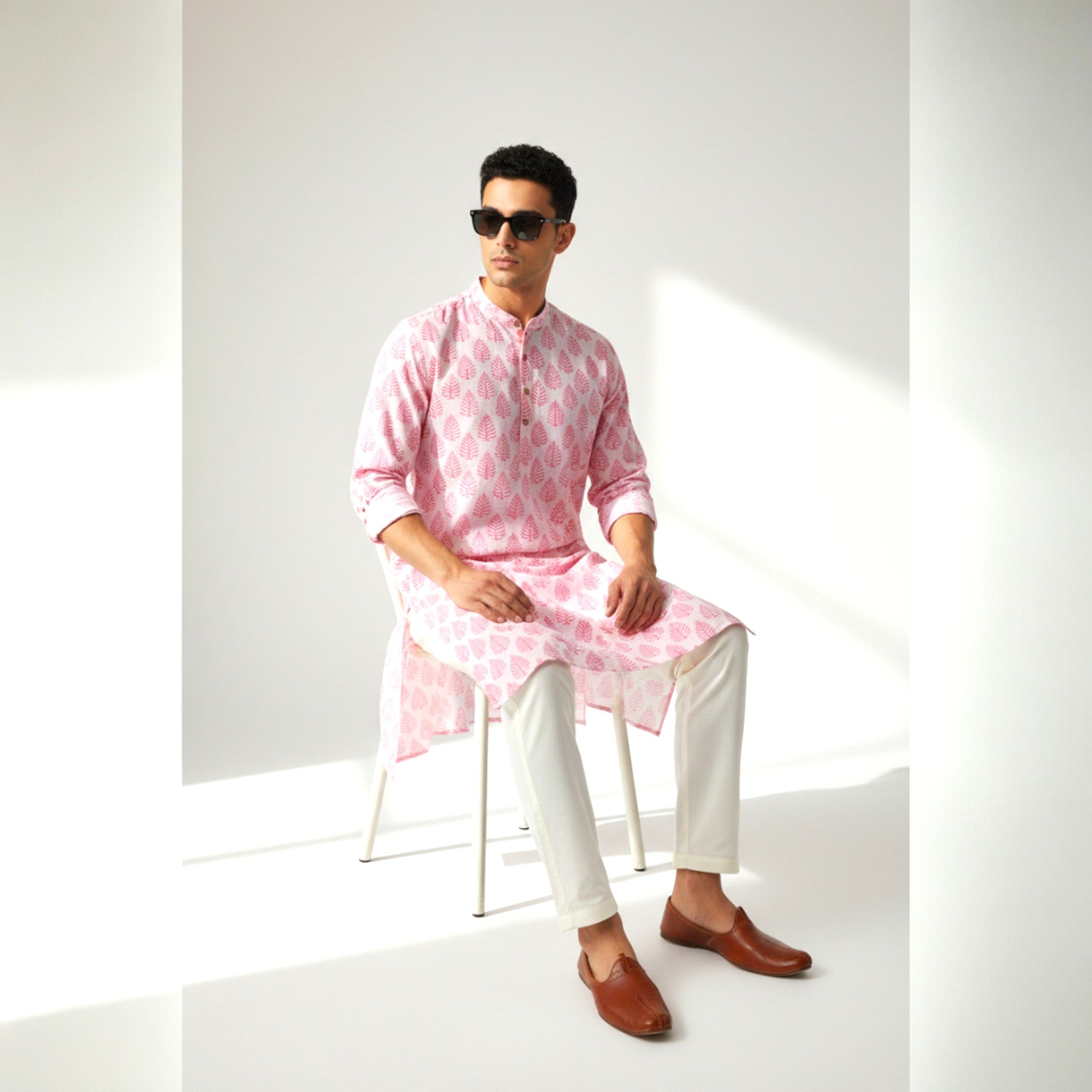 White Pink Handblock Cotton Kurta
