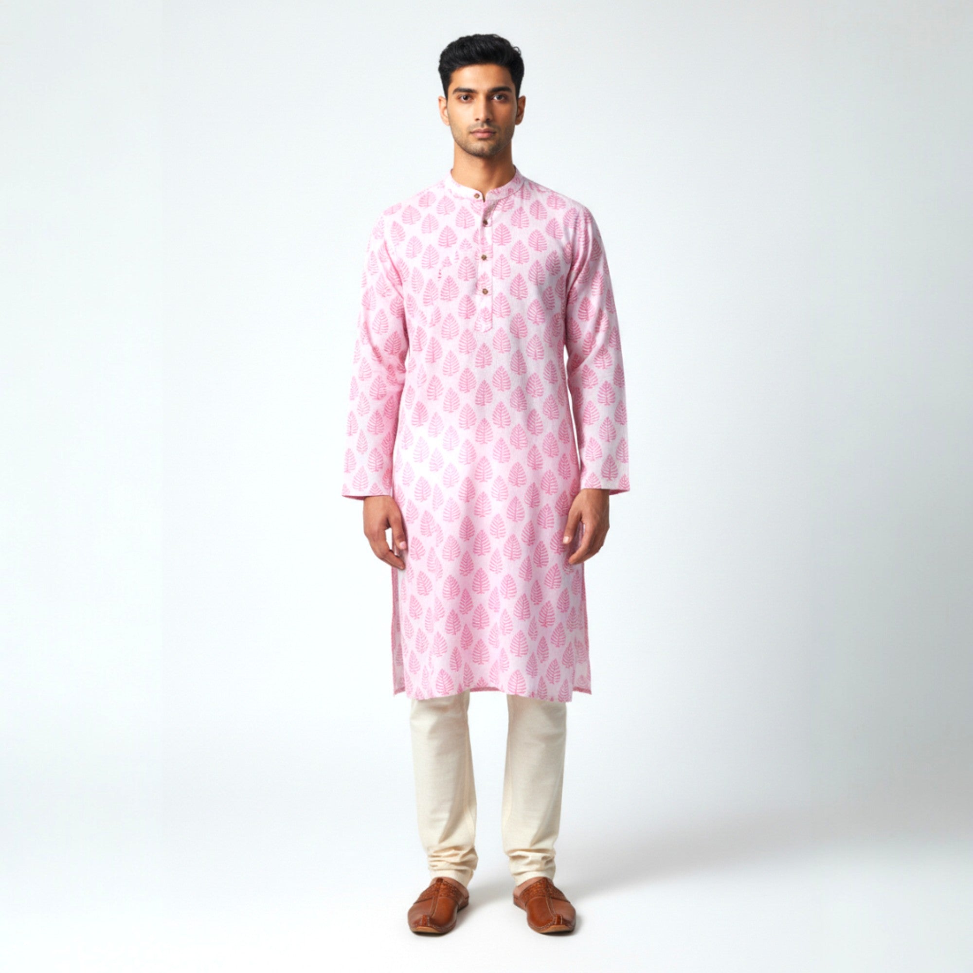 White Pink Handblock Cotton Kurta