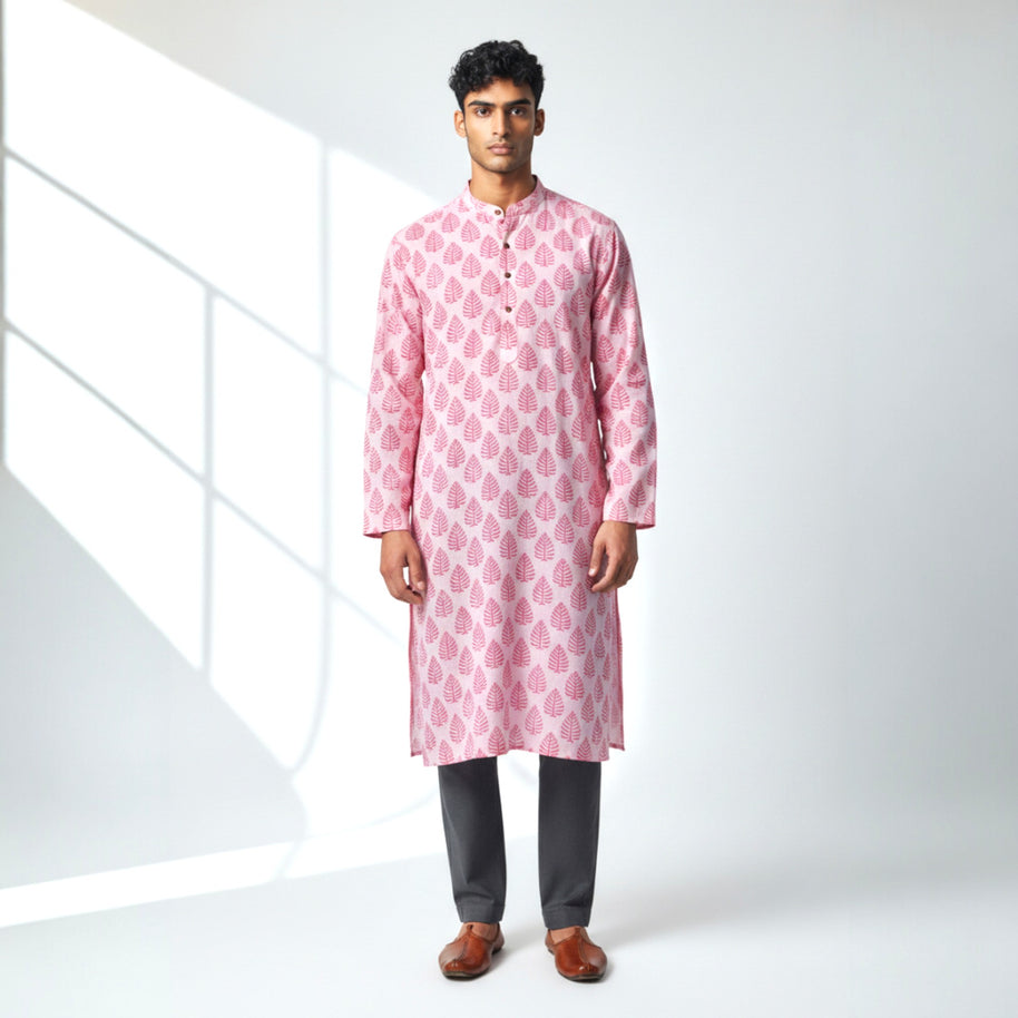 White Pink Handblock Cotton Kurta