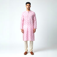 White Pink Handblock Cotton Kurta