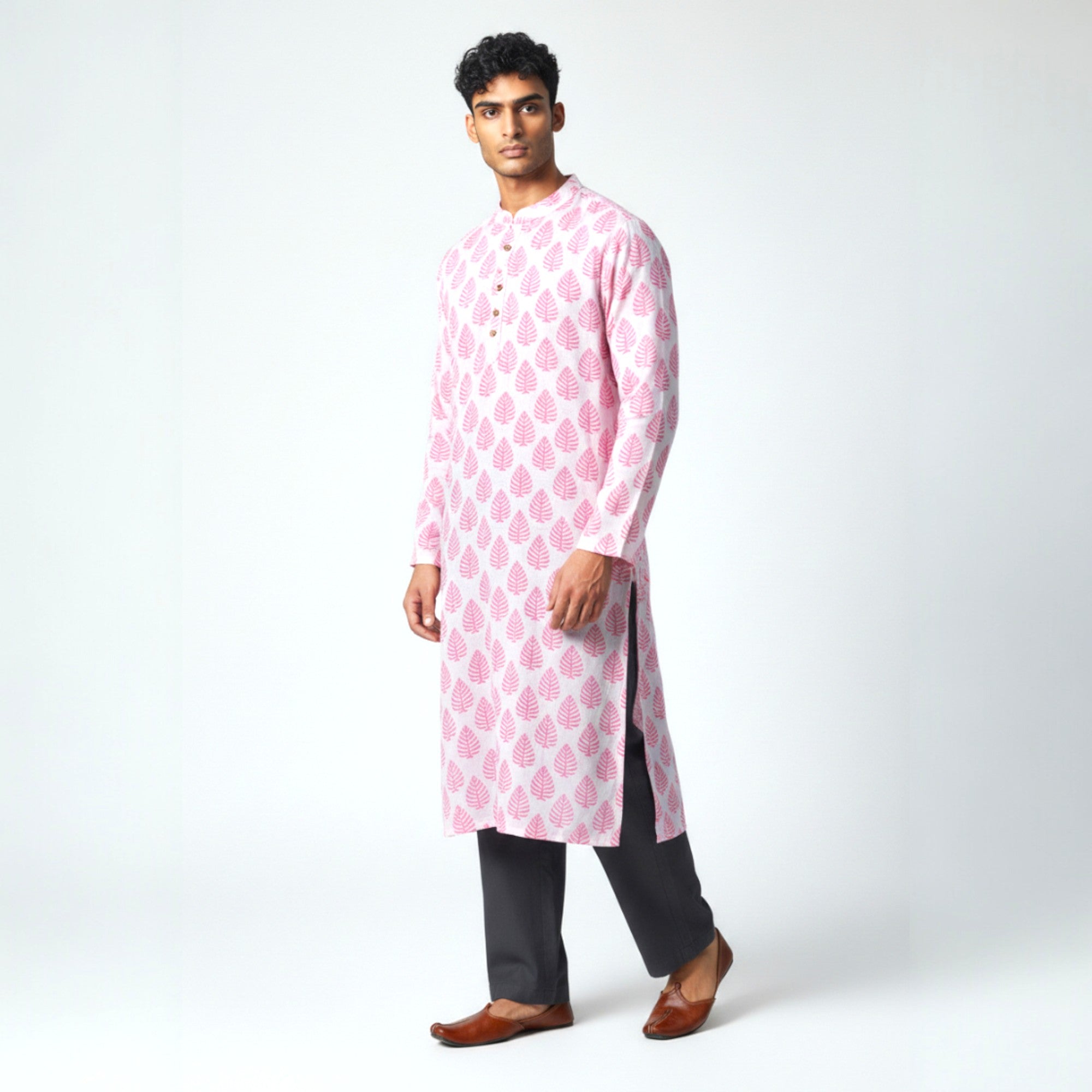 White Pink Handblock Cotton Kurta