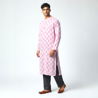 White Pink Handblock Cotton Kurta