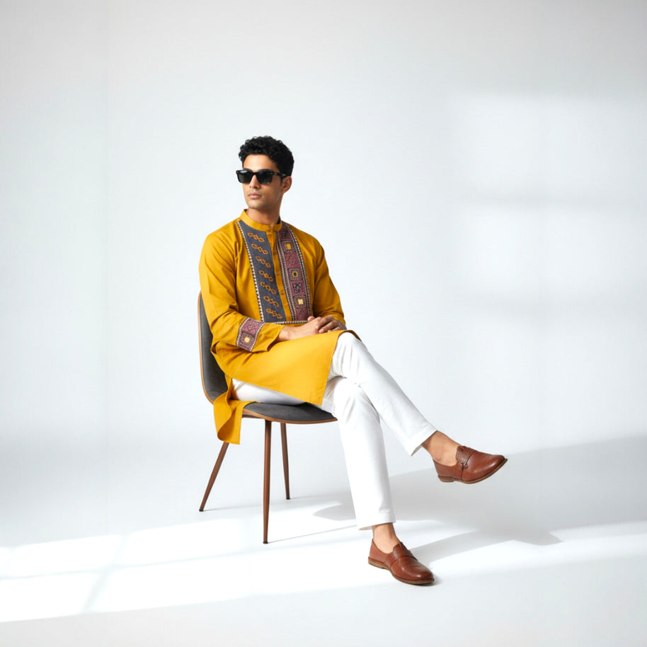 Mustard Mirror Work Cotton Kurta