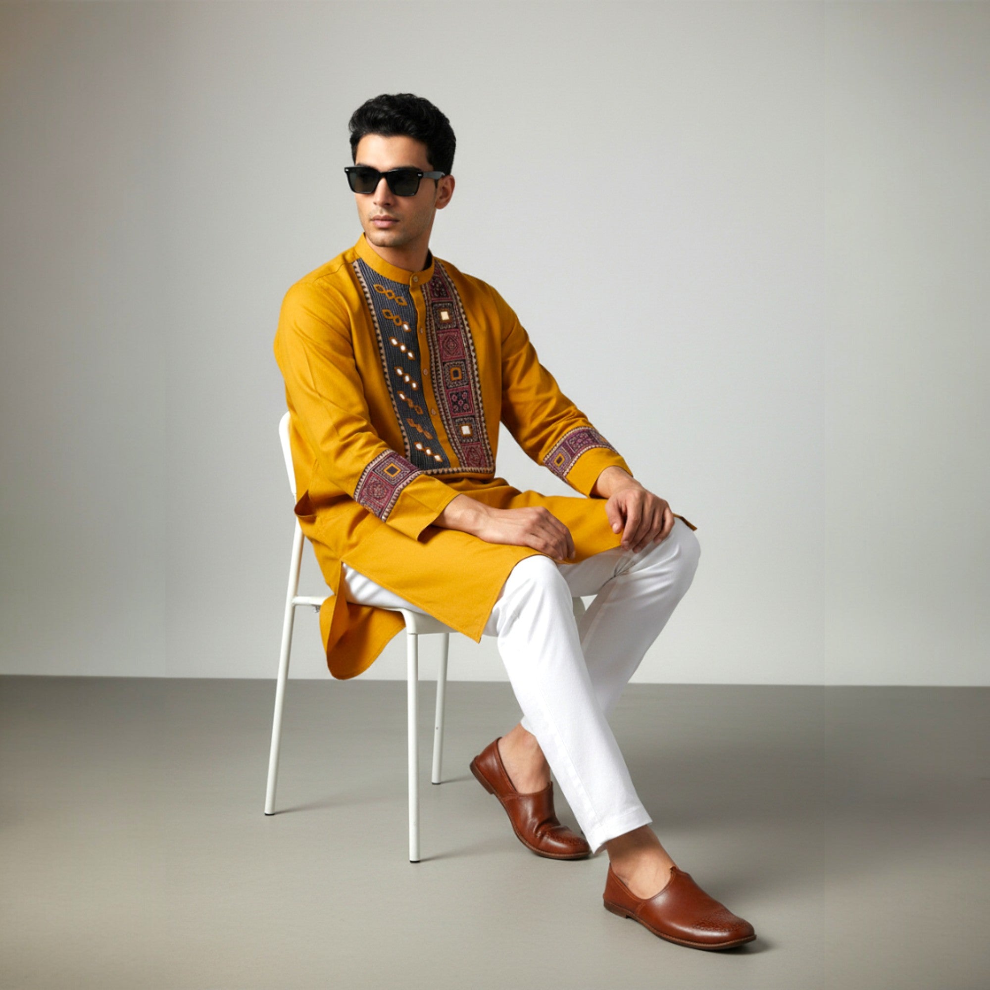 Mustard Mirror Work Cotton Kurta
