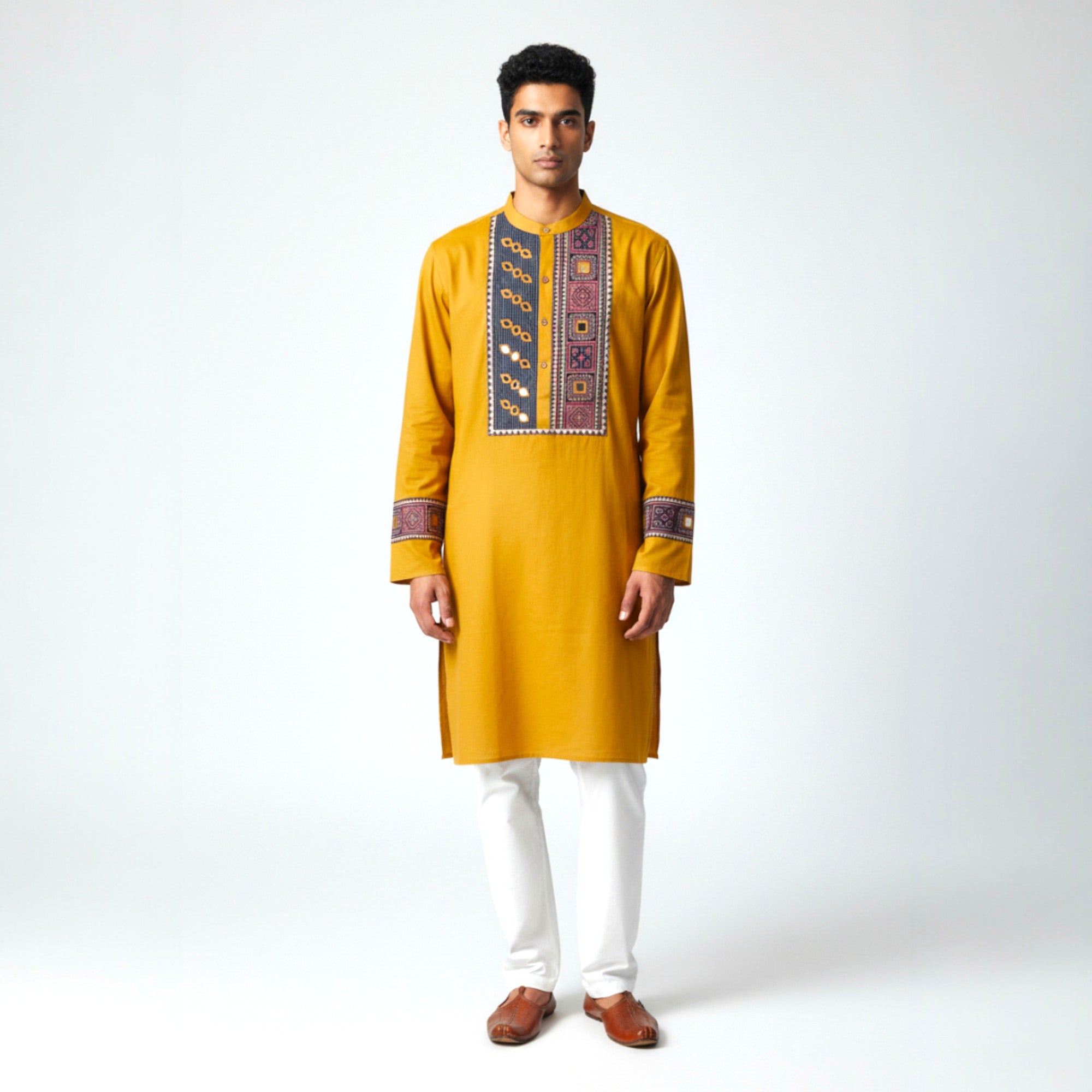 Mustard Mirror Work Cotton Kurta