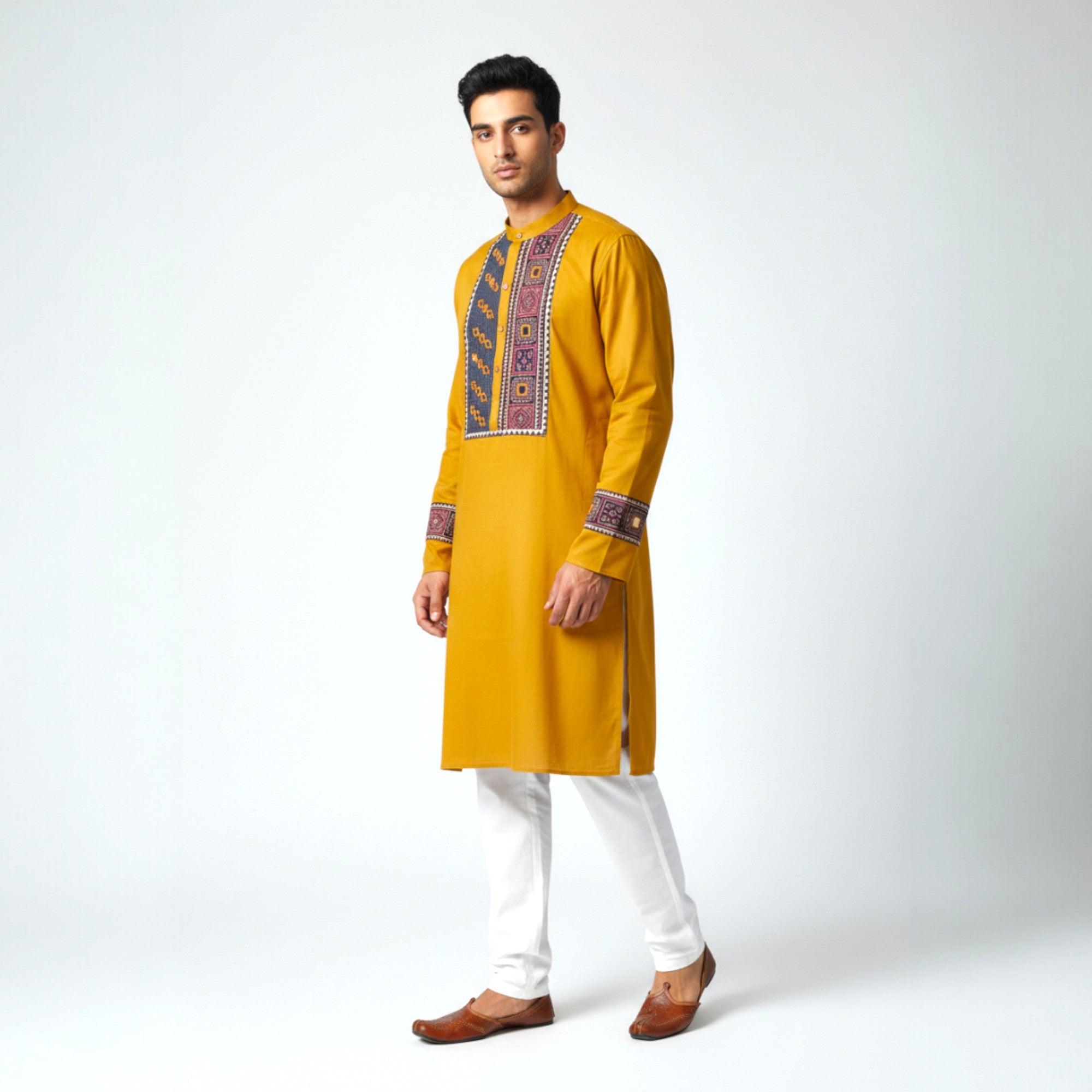 Mustard Mirror Work Cotton Kurta