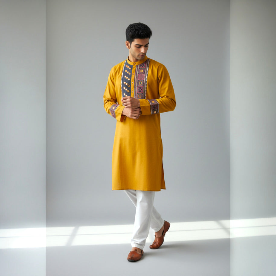 Mustard Mirror Work Cotton Kurta