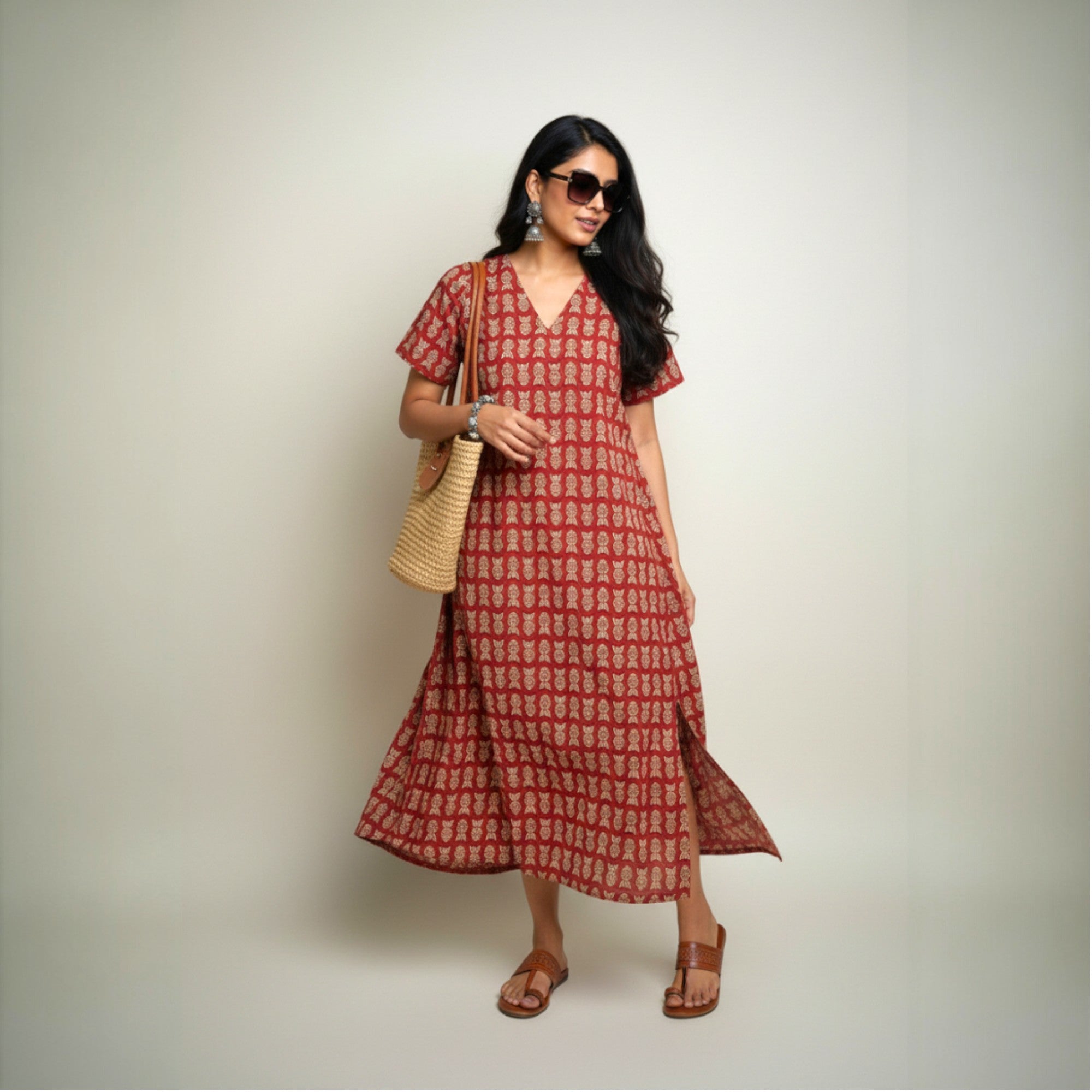 Maroon Handblock Cotton Long Dress