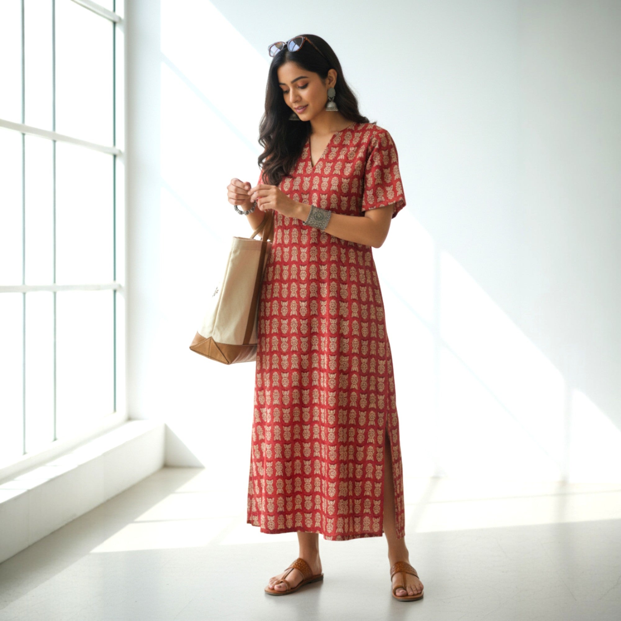 Maroon Handblock Cotton Long Dress