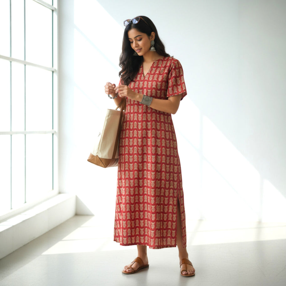 Maroon Handblock Cotton Long Dress