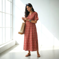 Maroon Handblock Cotton Long Dress