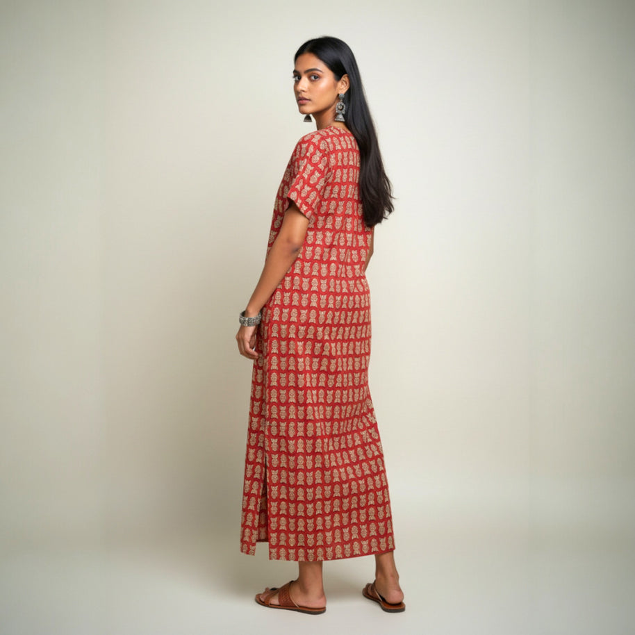 Maroon Handblock Cotton Long Dress