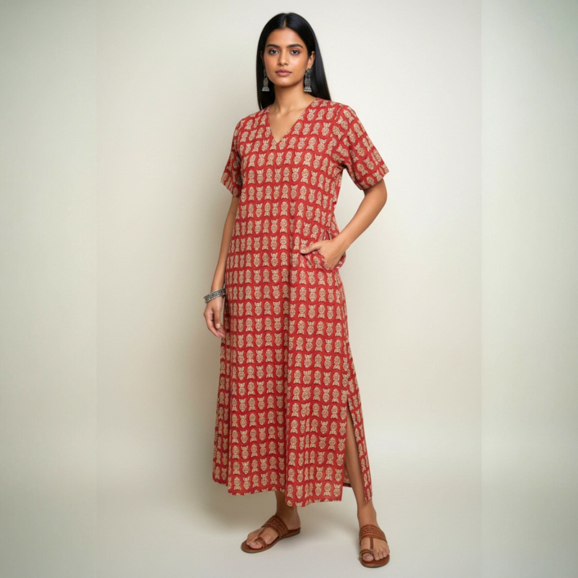 Maroon Handblock Cotton Long Dress
